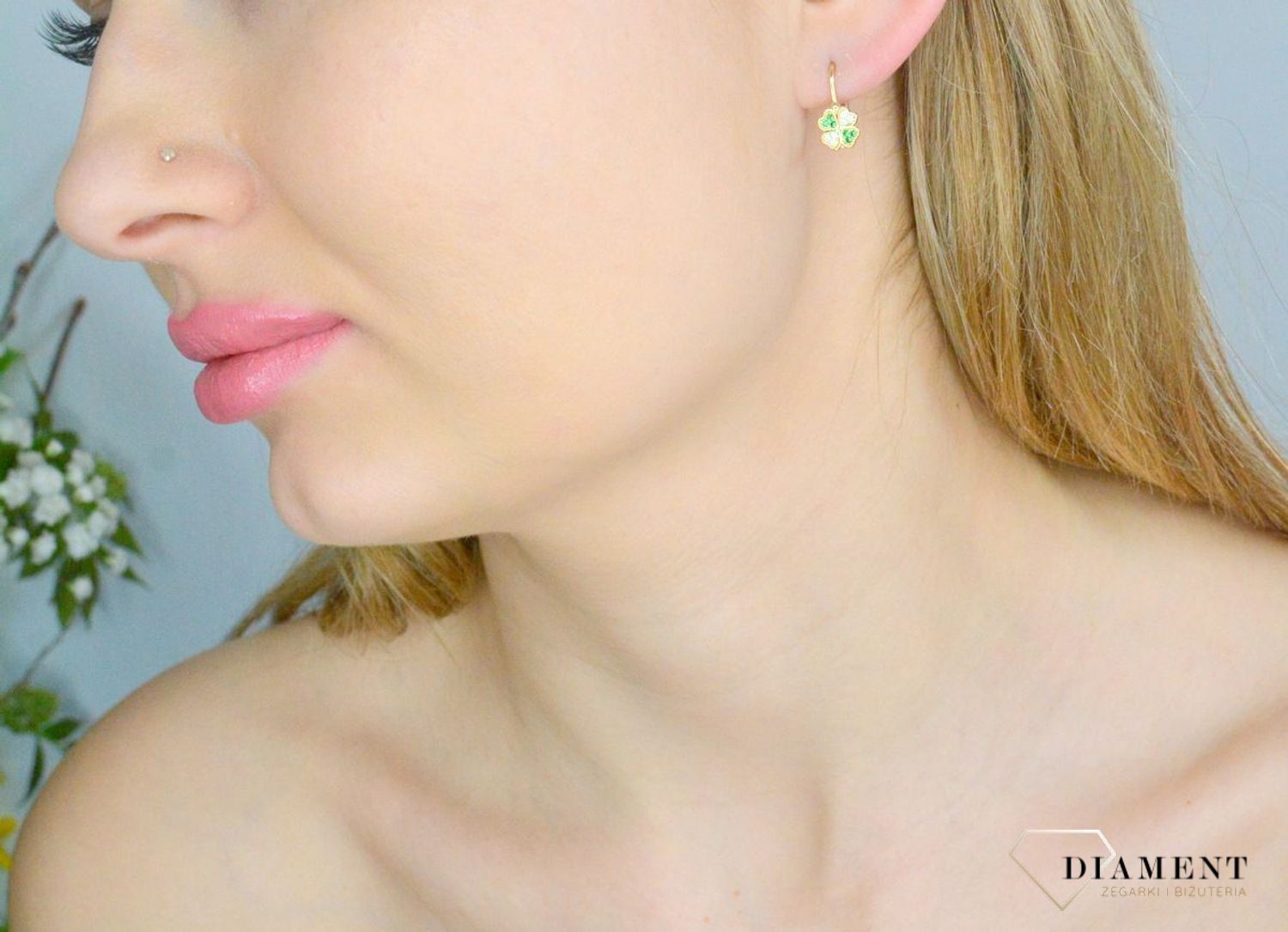 Złote kolczyki damskie 585 koniczynki z cyrkoniami KL 10201C.jpg